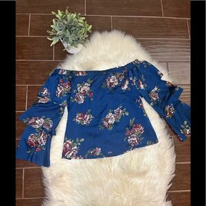 Miami deep teal floral off the shoulder ruffle bell sleeves sz medium
